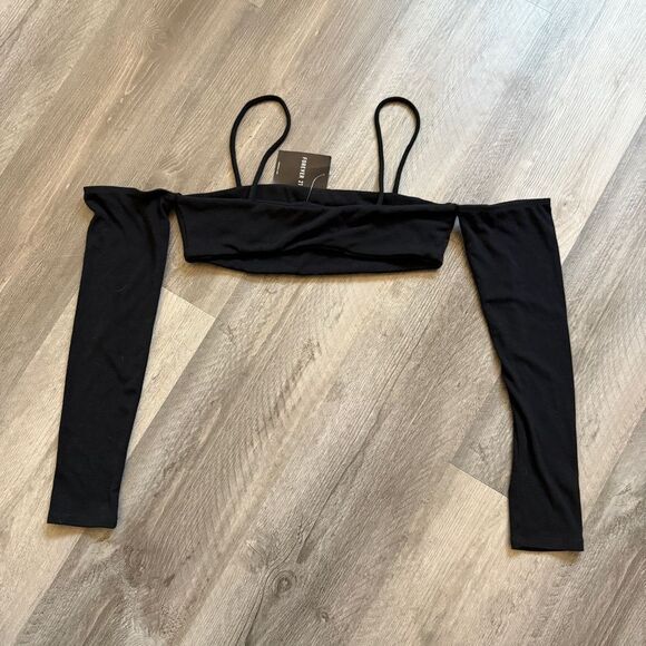 Forever 21 Crop Top NEW Black Long Sleeve Large Stretchy - Picture 7 of 11